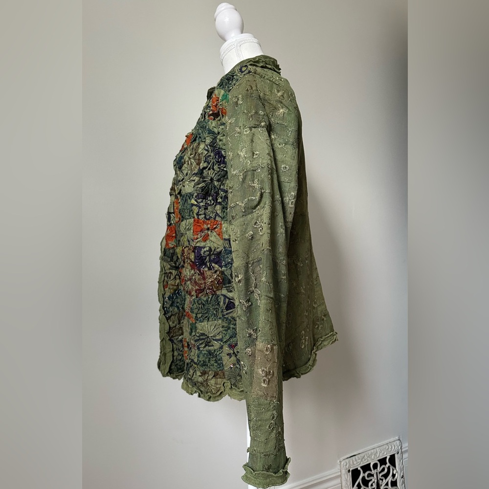 PARSLEY & SAGE Green Patchwork Lace Rainbow Lagenlook Arsty Button Down Size XL - Picture 3 of 9